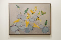 PARADE, bright colors, water lilies, blue, yellow, earth tones, black dots