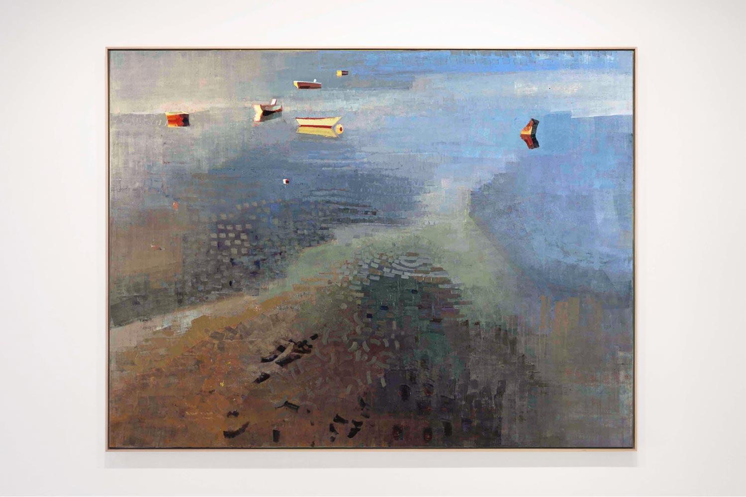 TRANSPARENCY & REFLECTION, Contemporary Landscape, Realism, Water, Boats, Beach - Painting by John Evans