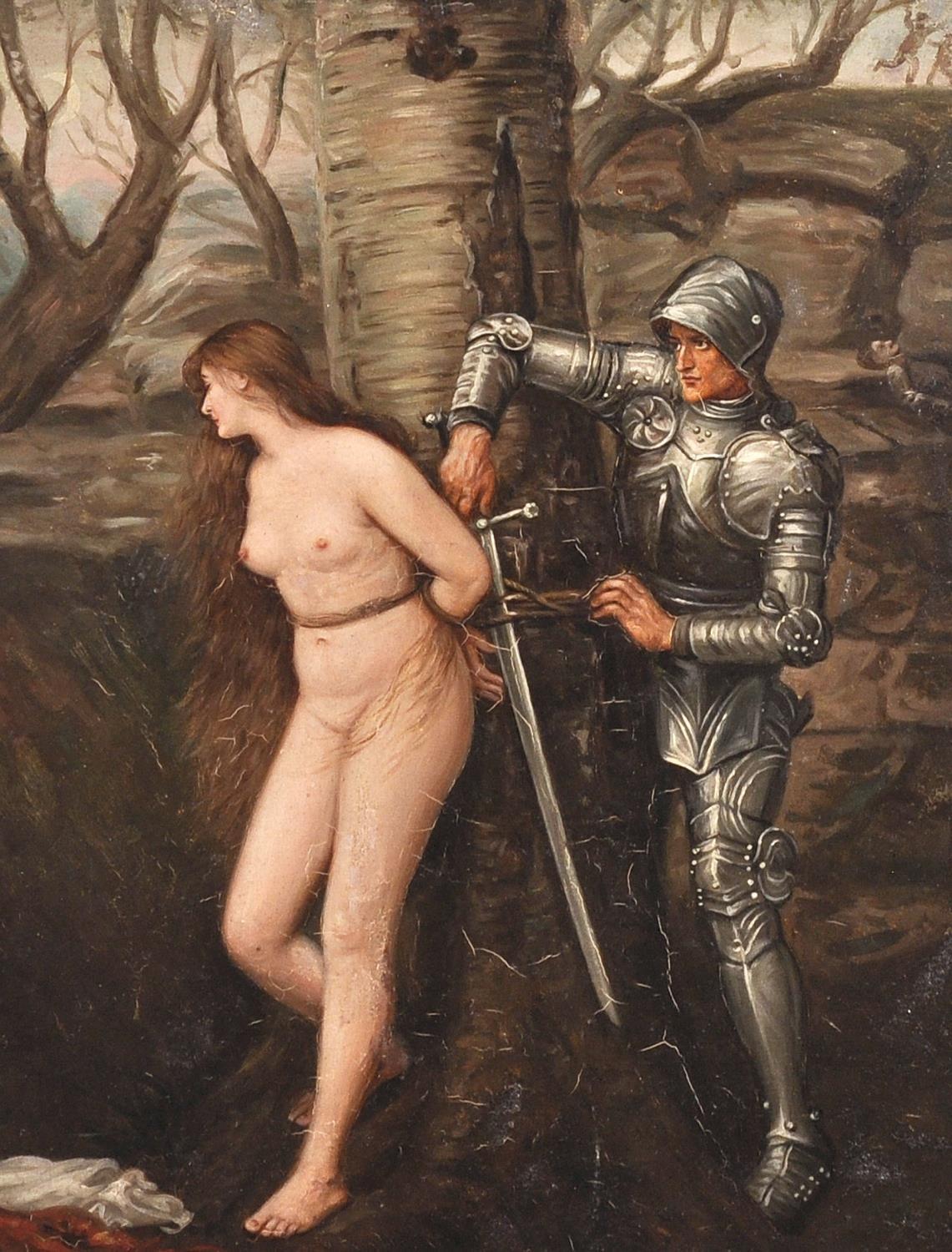 Peinture à l'huile anglaise ancienne « Le chevalier éternel » préraphaélite nu et chevalier