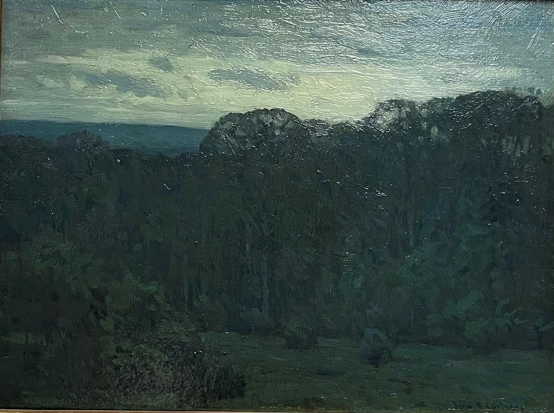 Night Fall
oil on artist paper board 
Signed LR when viewing the painting and again verso, on back. Image measures 12 x 16
 The painting is now in good condition as it was cleaned and touched up at Pennsylvania Art Conservatory housed in a hand