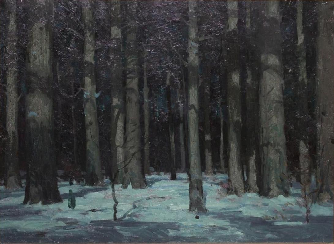 John F. Carlson Landscape Painting - "Winter Woods Nocturne, " Impressionist Woodstock Snow in Forest Landscape