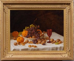 Superb Antique American Framed Fruit Table Still Life Nuts & Wine Oil Painting