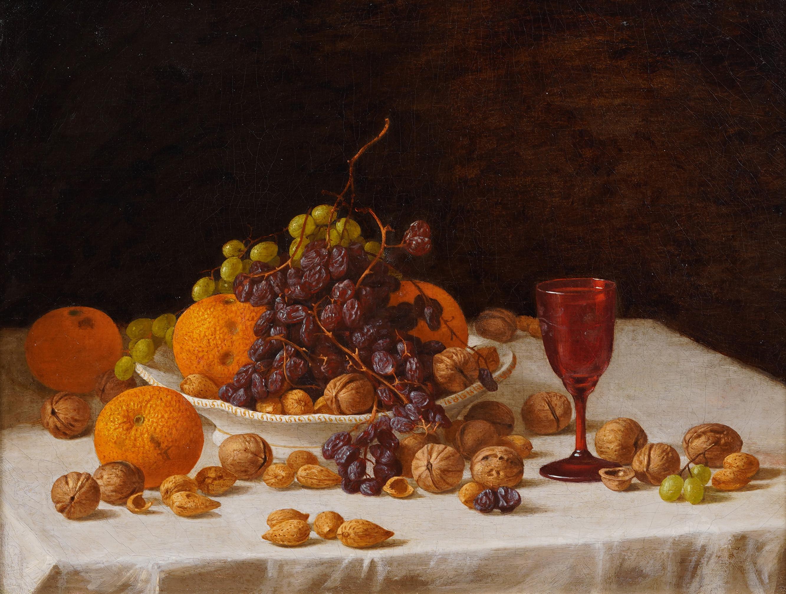 Superba tavola di frutta antica incorniciata, natura morta e vino, pittura ad olio - Painting Impressionismo di John F. Francis