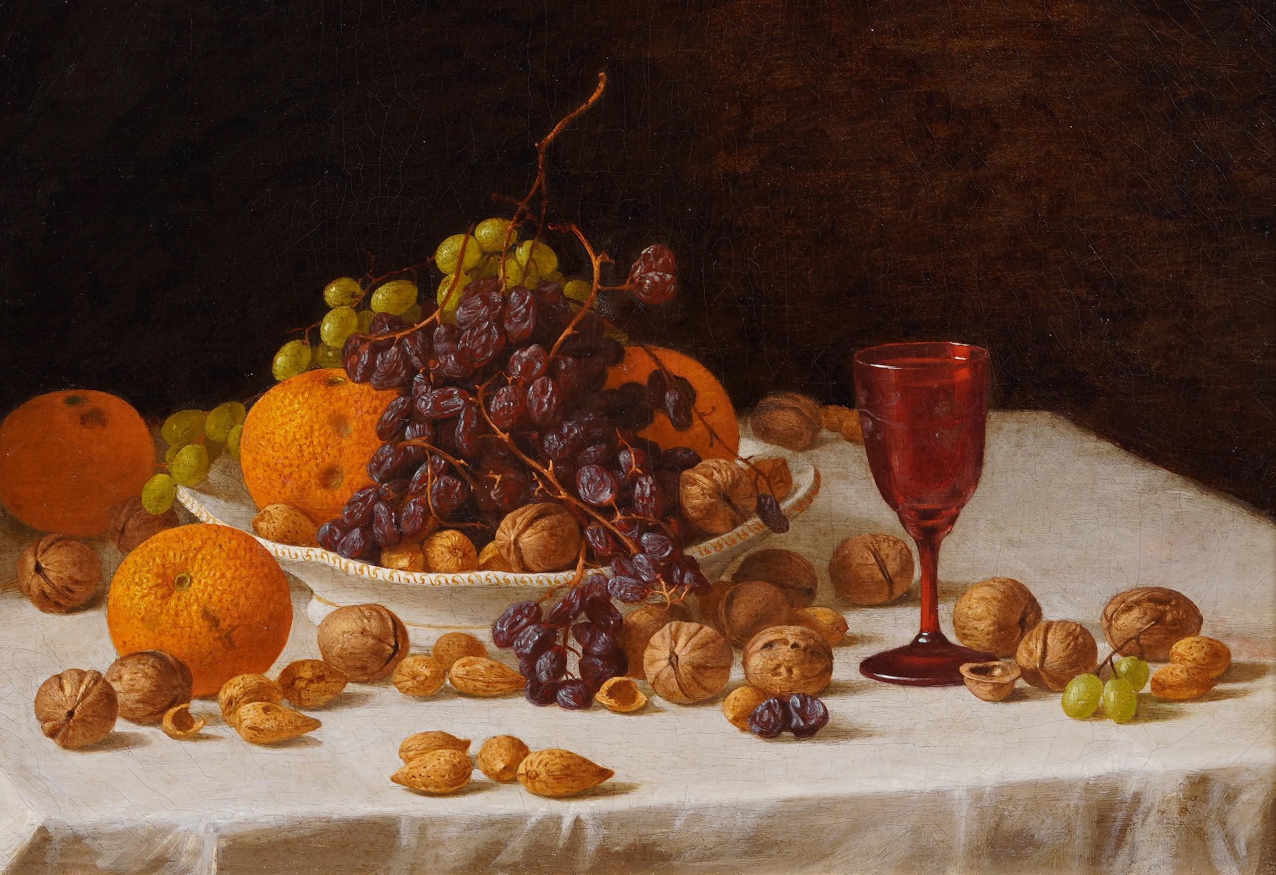 Superba tavola di frutta antica incorniciata, natura morta e vino, pittura ad olio - Still-Life Painting Marrone di John F. Francis