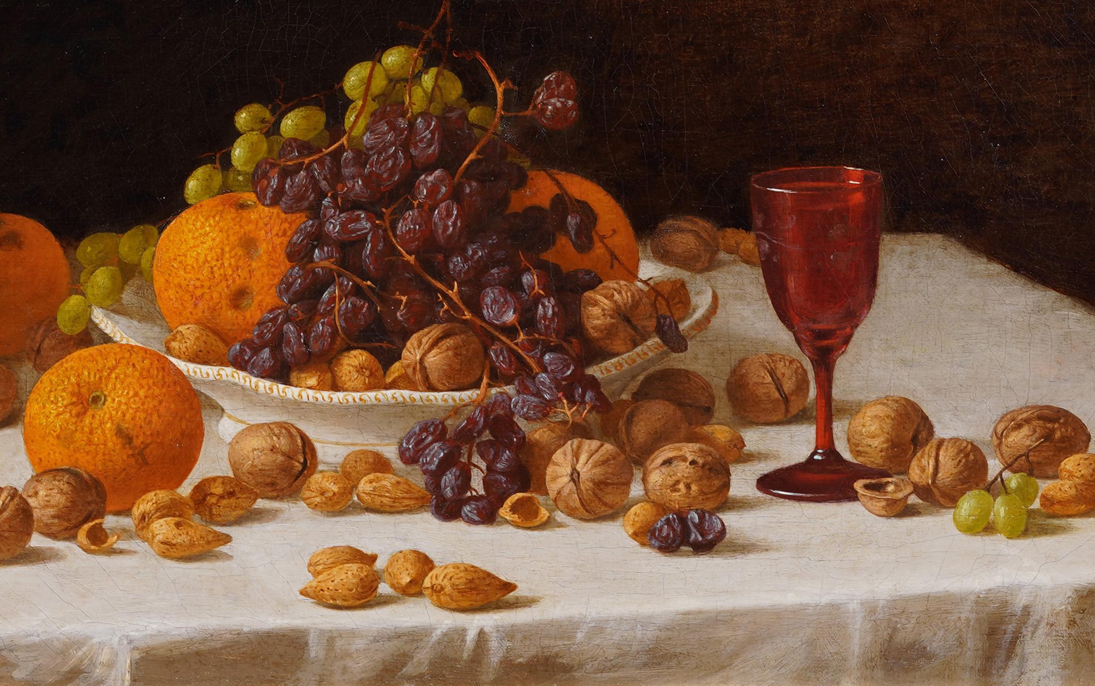 Superba tavola di frutta antica incorniciata, natura morta e vino, pittura ad olio in vendita 1