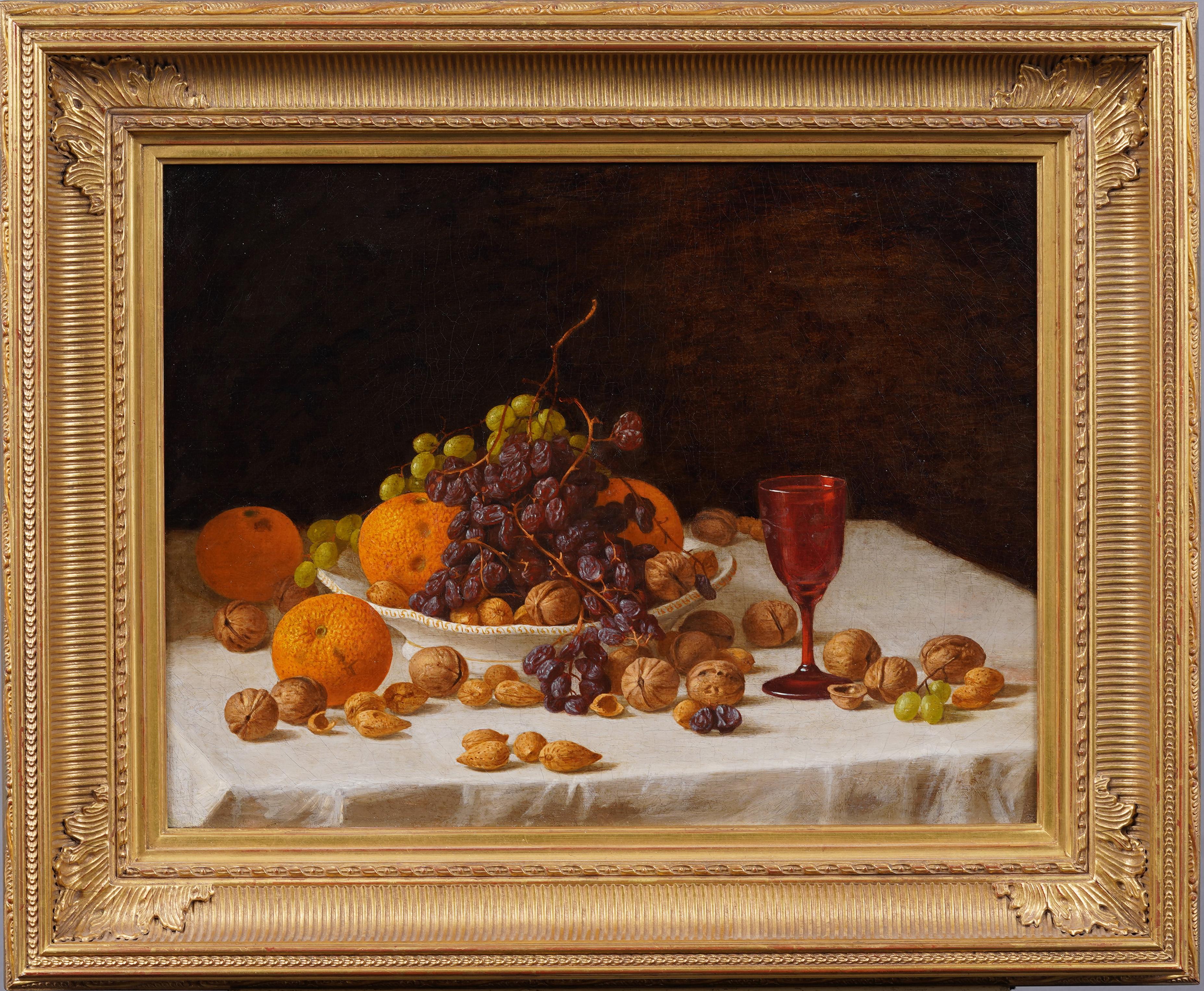 Still-Life Painting di John F. Francis - Superba tavola di frutta antica incorniciata, natura morta e vino, pittura ad olio