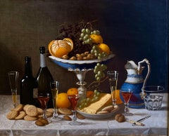 Bodegón de frutas titulado "La mesa del catador de vinos"