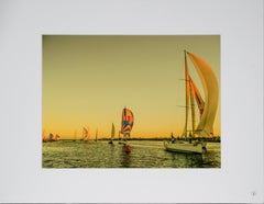Vintage Boats Sailing At Sunset, Santa Cruz - Color Photograph