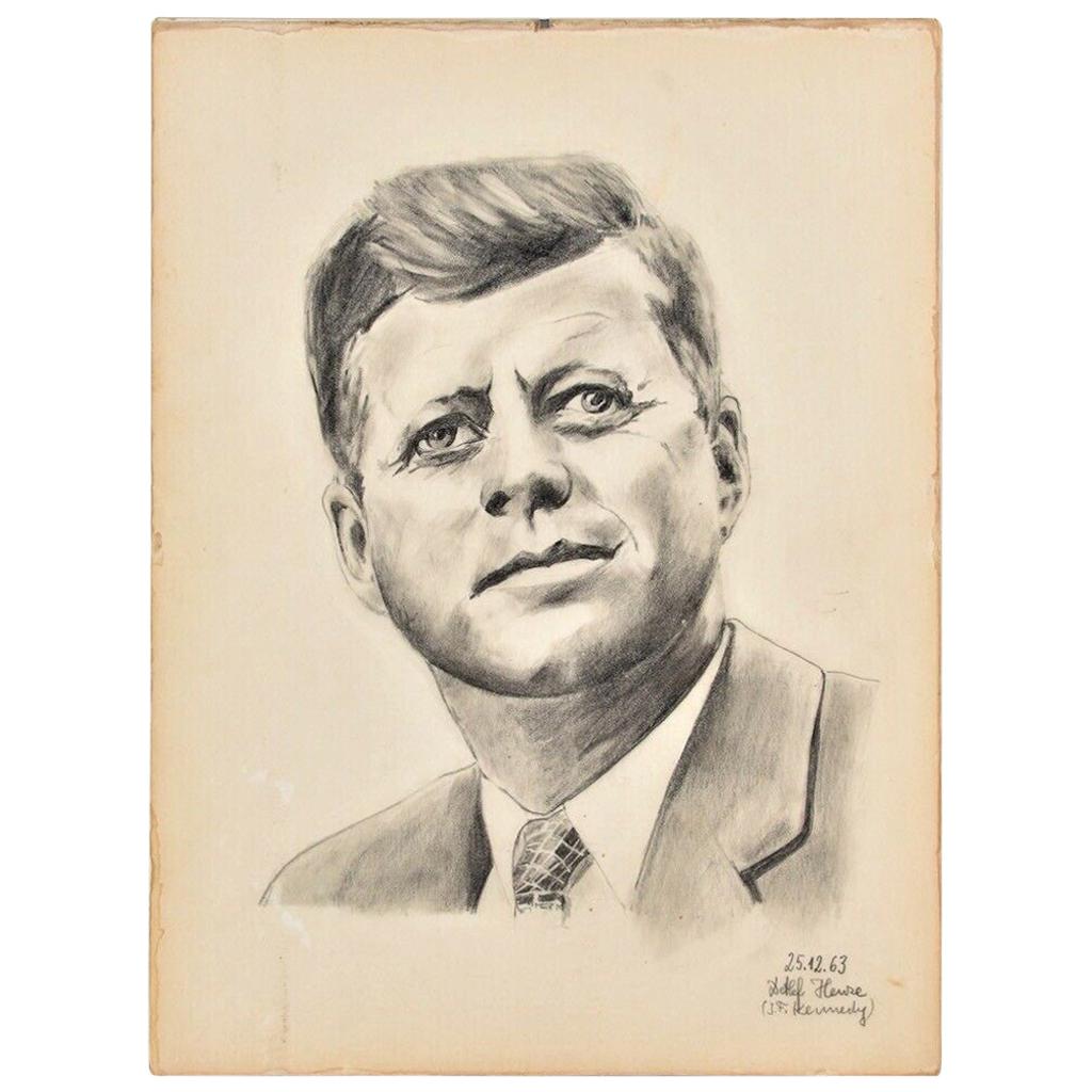 John F. Kennedy Portrait, Original Drawing Pencil on Paper Dated 1963, Signed