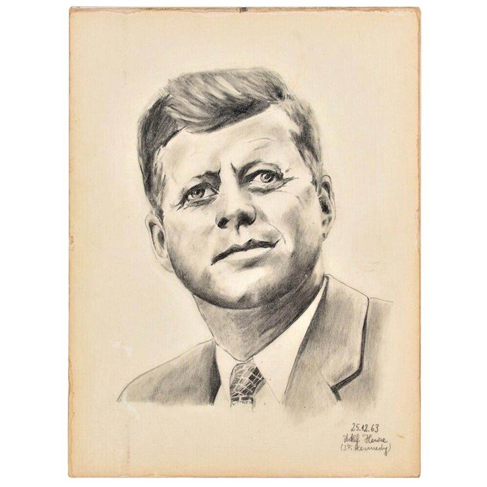 Portrait de John F. Kennedy, dessin original au crayon sur papier daté de 1963, signé