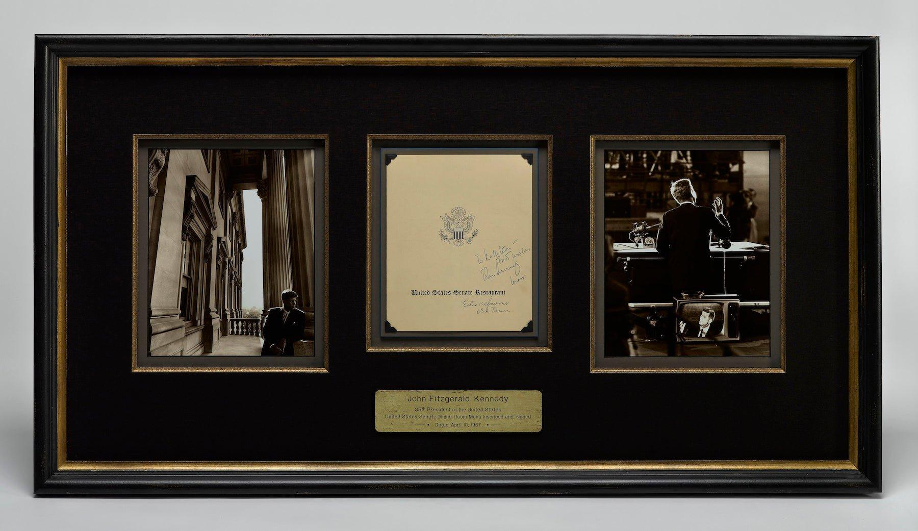 John F. Kennedy, signierte SenatsMenü-Collage (Papier) im Angebot