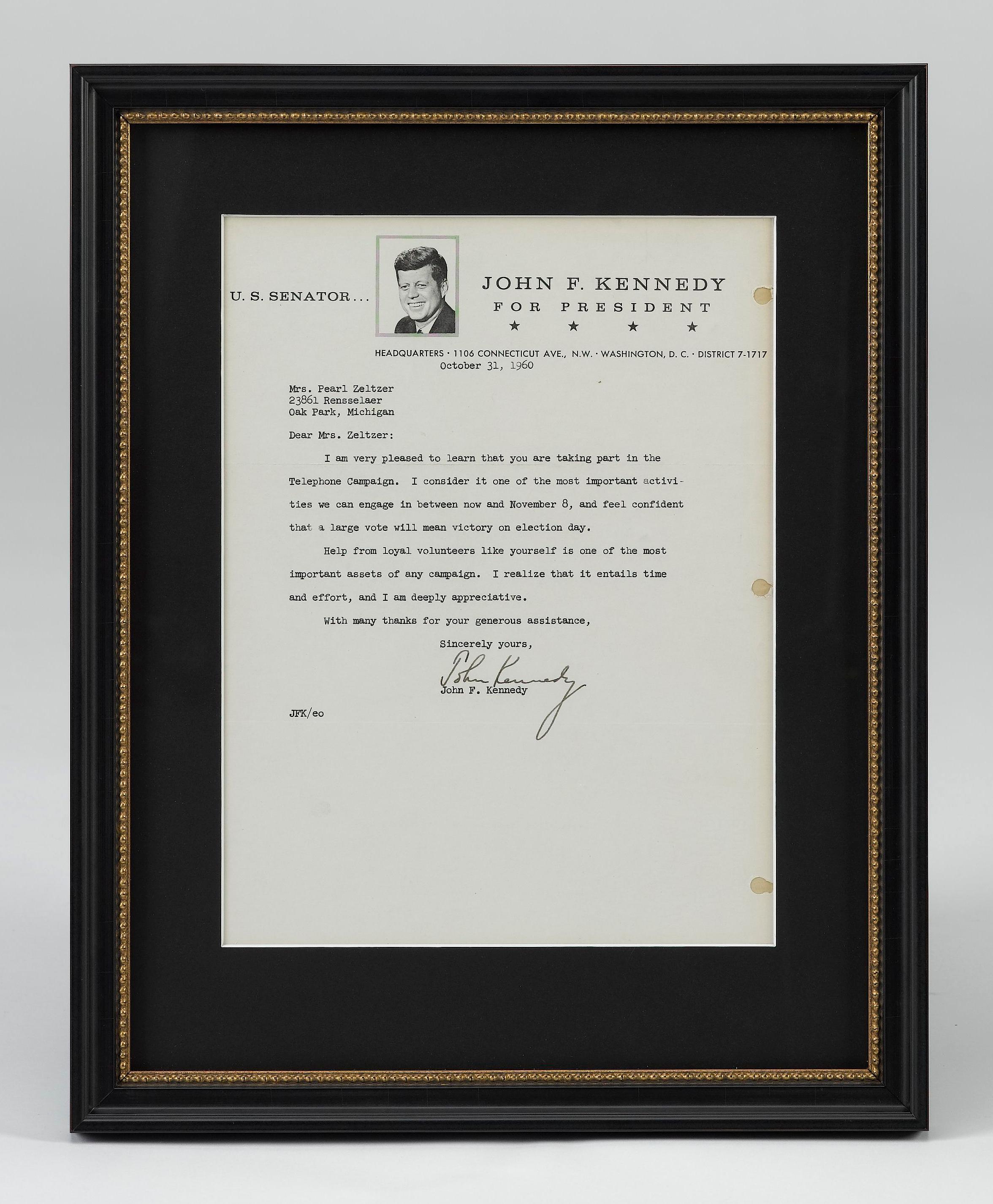 Américain Lettre dactylographiée de John F. Kennedy pour la campagne présidentielle, octobre 1960 en vente