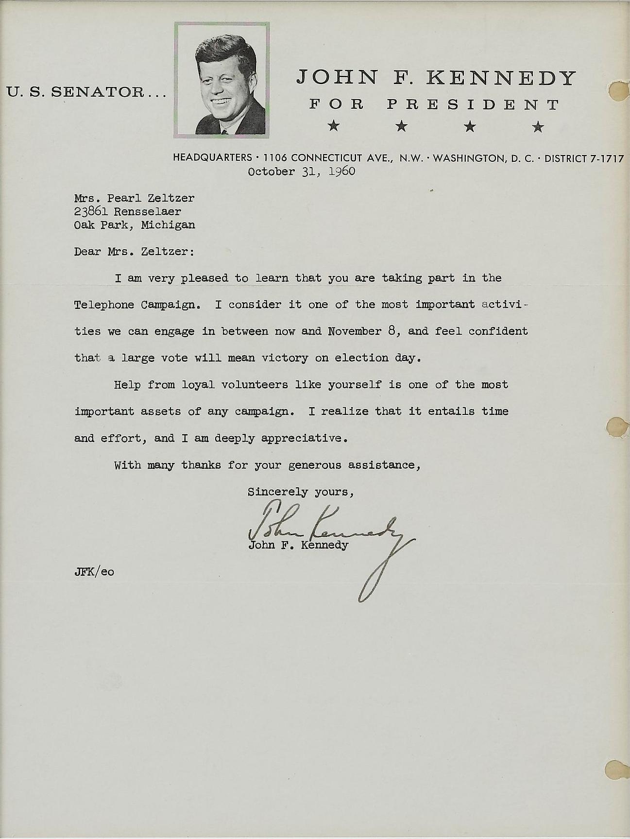 John F. Kennedy Typierter Presidential Campaign-Brief, Oktober, 1960 im Zustand „Gut“ im Angebot in Colorado Springs, CO