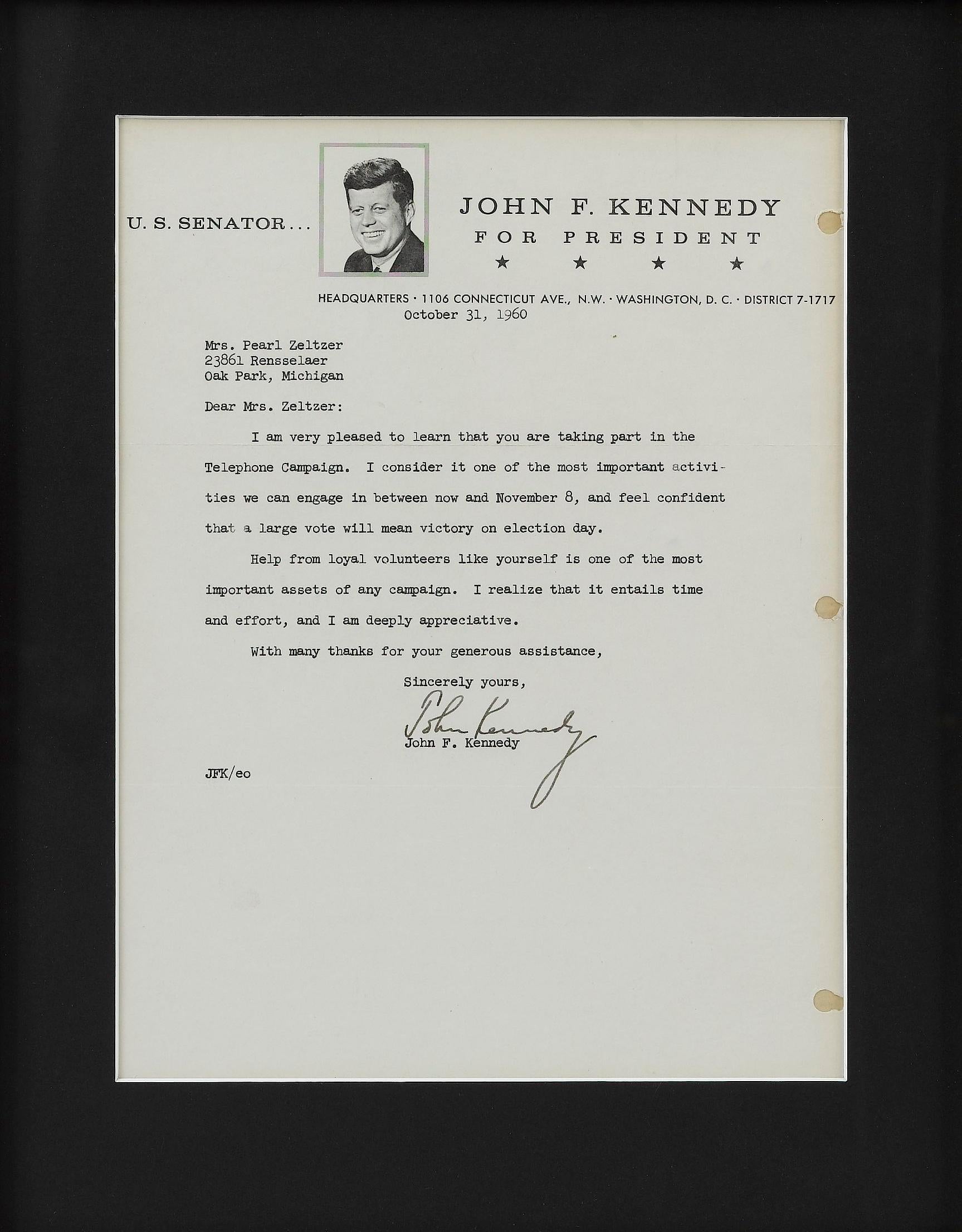 John F. Kennedy Typierter Presidential Campaign-Brief, Oktober, 1960 (Mitte des 20. Jahrhunderts) im Angebot