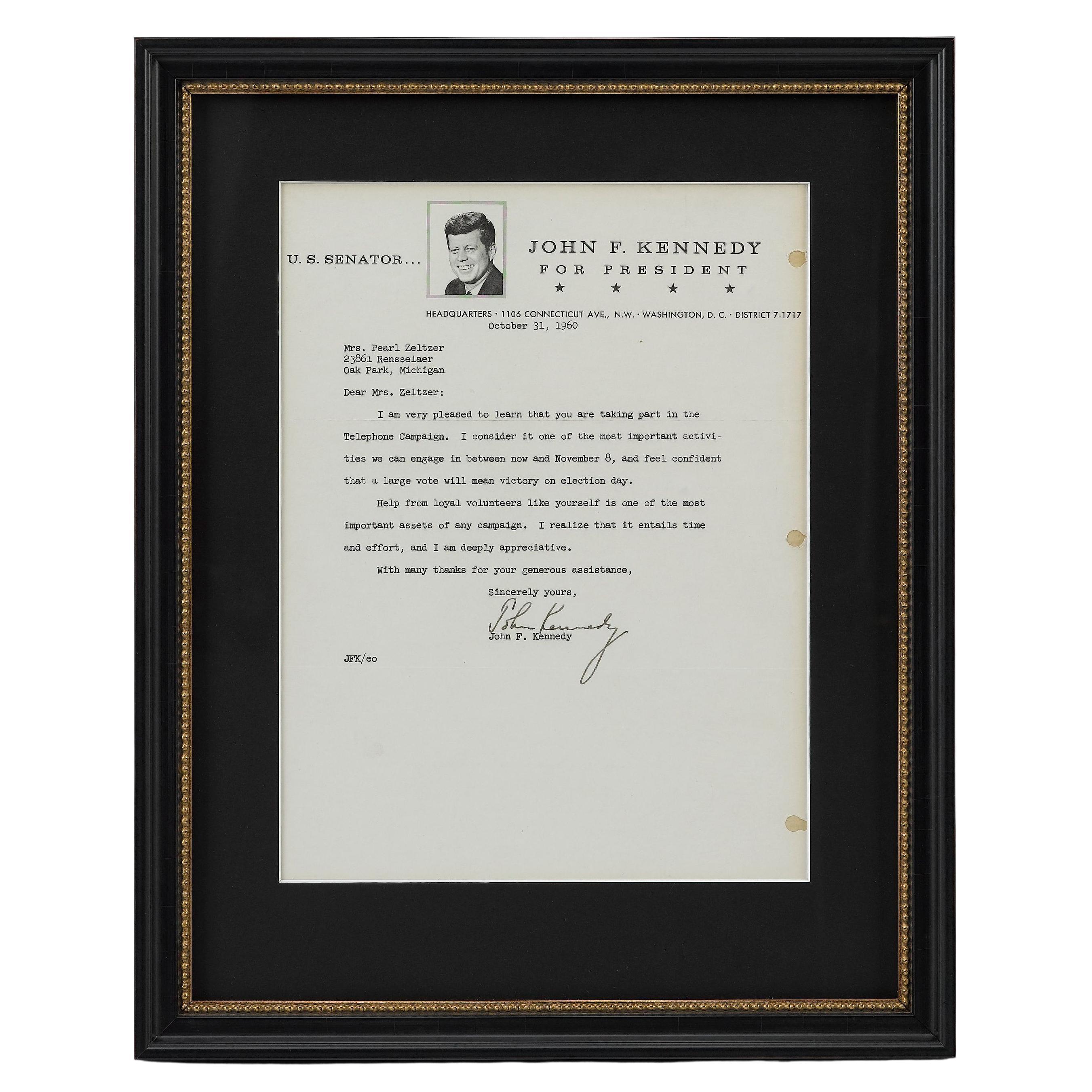 Lettre dactylographiée de John F. Kennedy pour la campagne présidentielle, octobre 1960 en vente