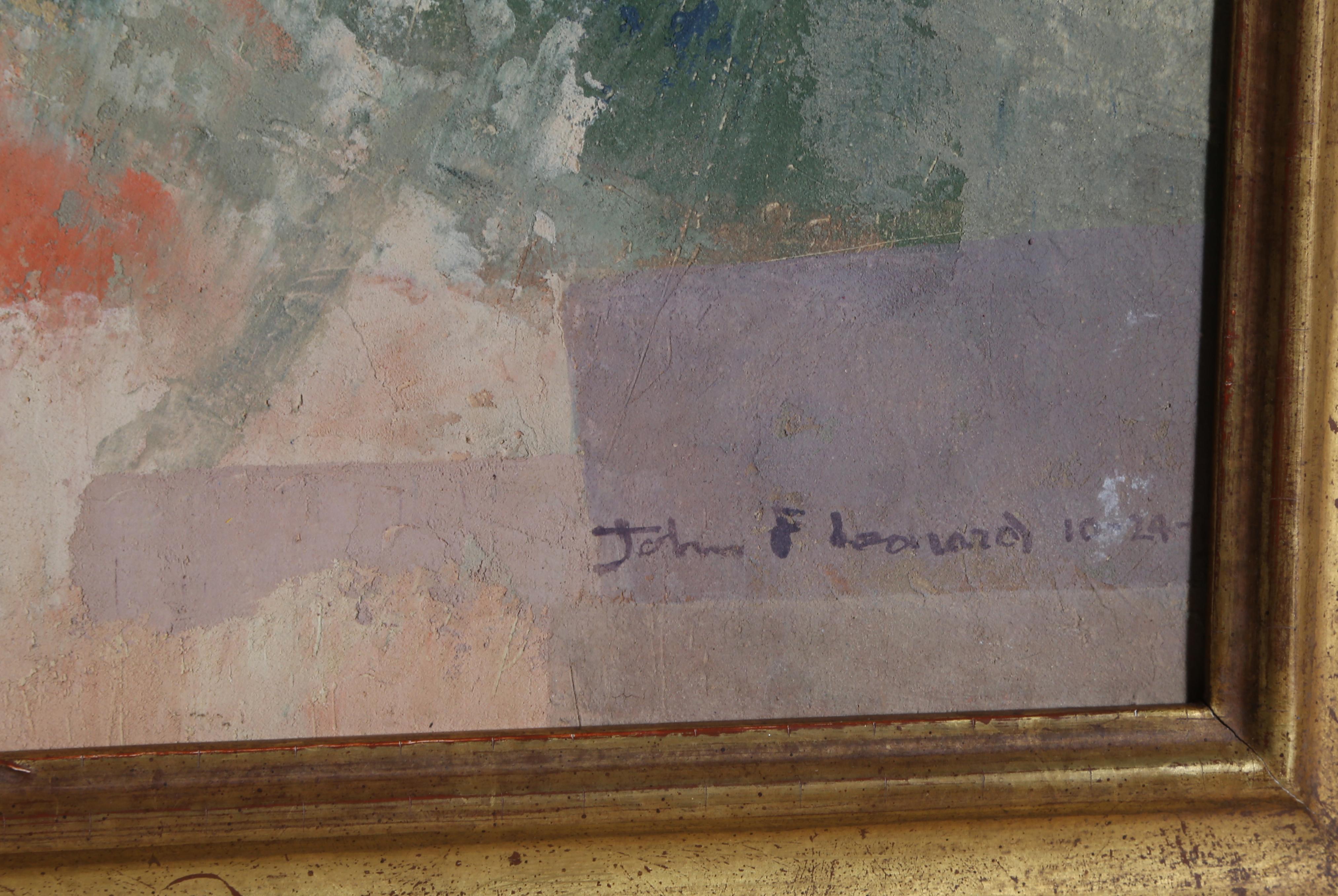 Pittura astratta olio su tavola firmata da John F. Johns - Painting di John F. Leonard