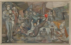 Circus Backstage (At Play), Cubist Oil on Board Painting by John F. Leonard