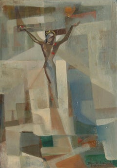 Crocifissione, olio cubista su tavola firmato da John F. Johns