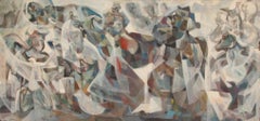 Figure cubiste con uccelli, dipinto a olio su tavola di John F. Johns