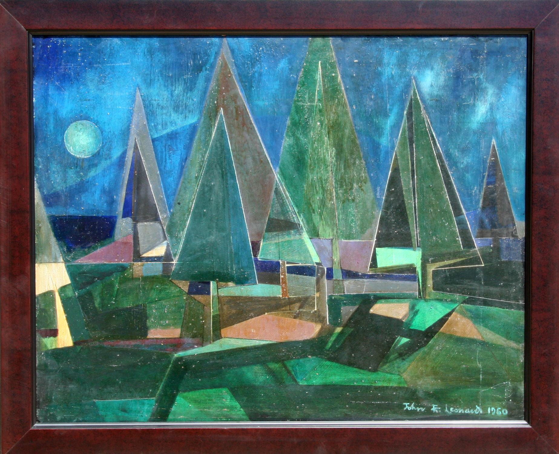 Bosque cubista, óleo sobre tabla firmado por John F. Leonard
