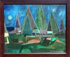Foresta cubista, dipinto olio su tavola firmato da John F. Johns