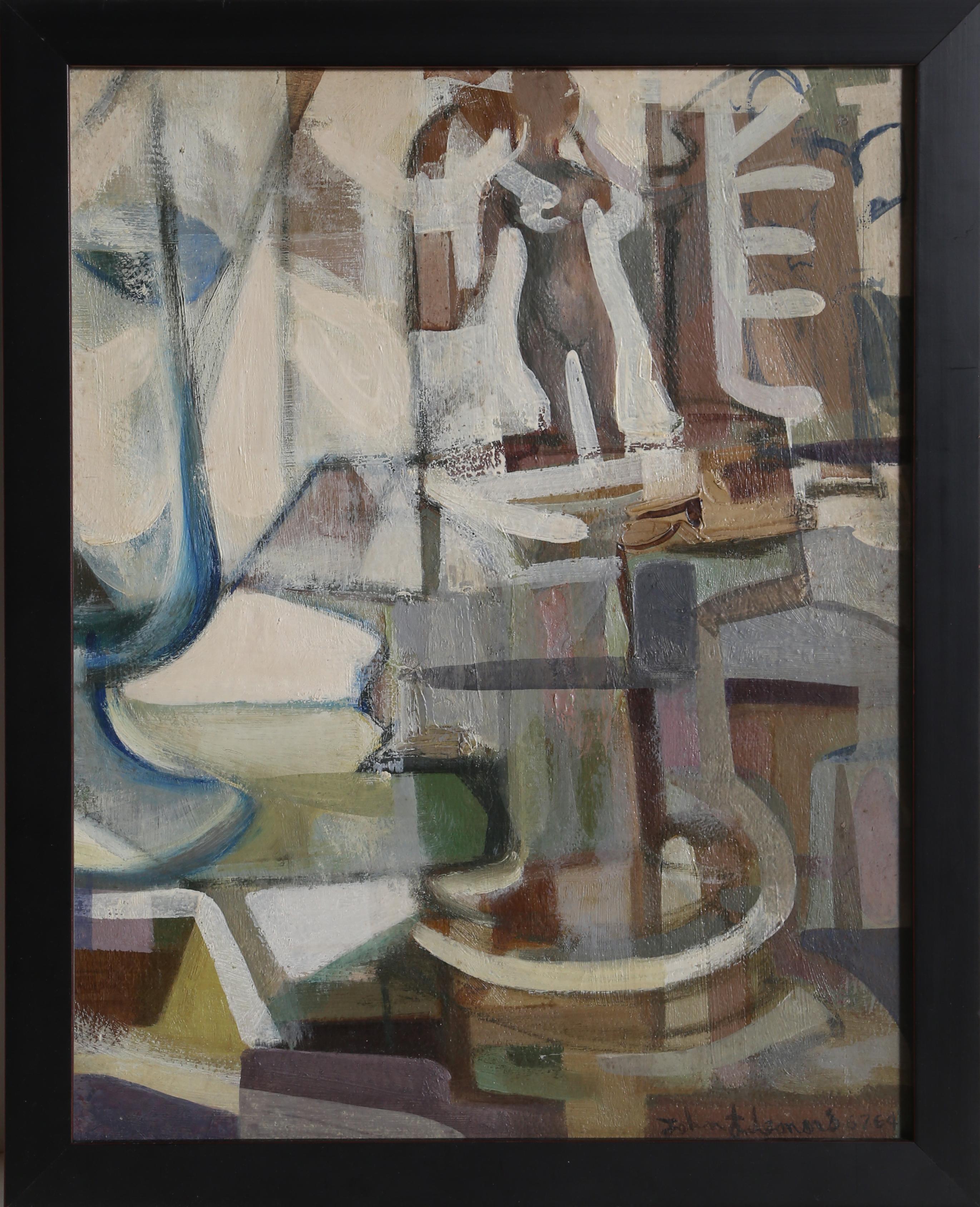 Still-Life Painting di John F. Leonard - Natura morta cubista, 1964 Pittura olio su tavola firmata da John F. Johns