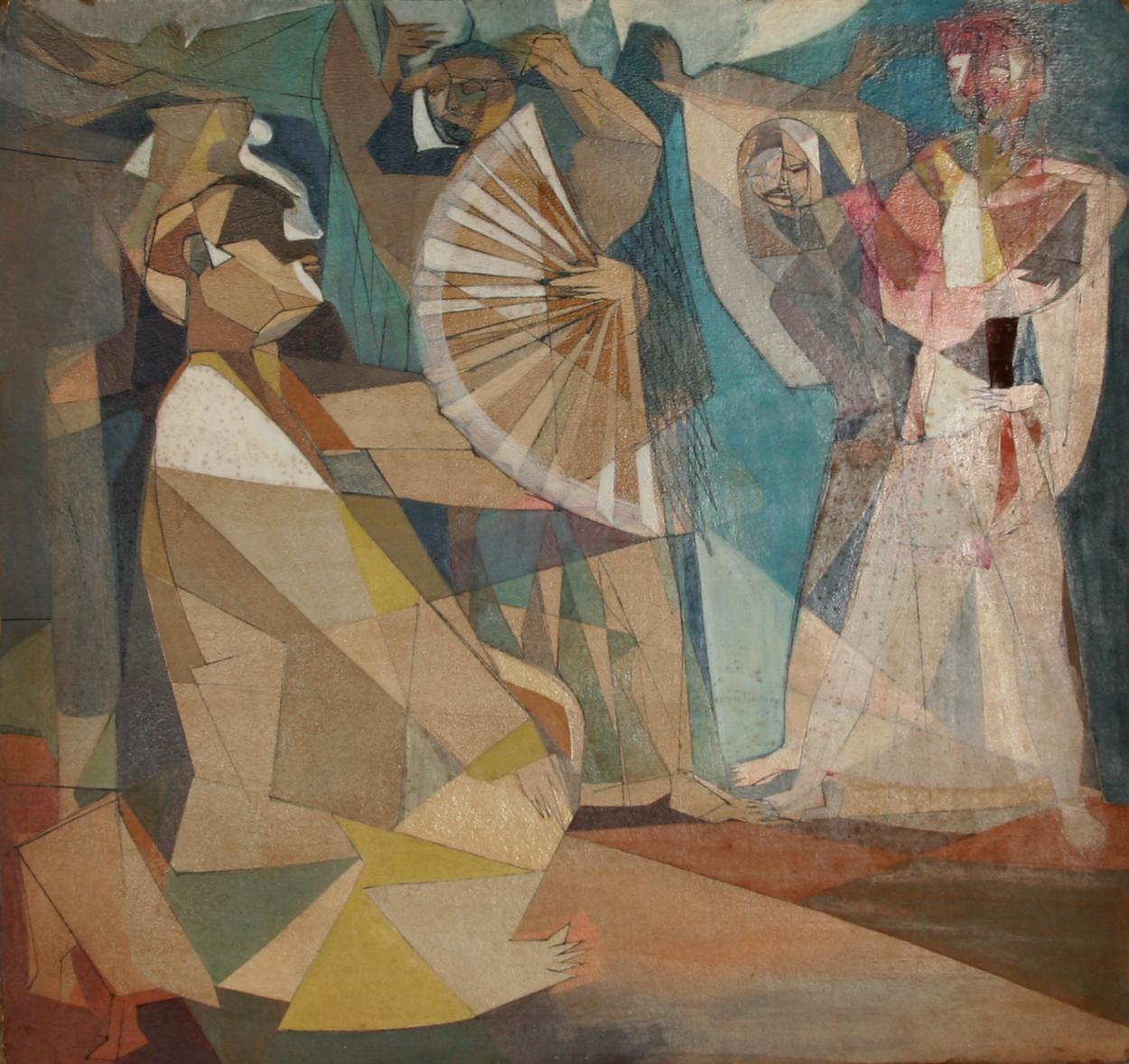 Figura con ventaglio, dipinto cubista a olio su tavola di John F. Johns