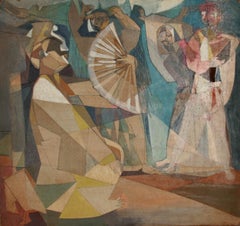 Figur mit Fächer, kubistisches Ölgemälde auf Karton von John F. Leonard
