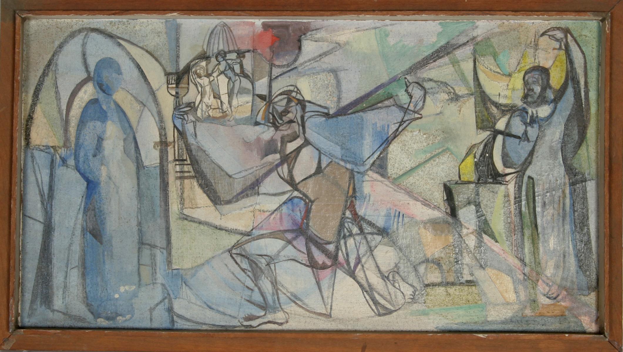 Figure with Hands Raised, Abstract Oil on Board by John F. Leonard For Sale 1