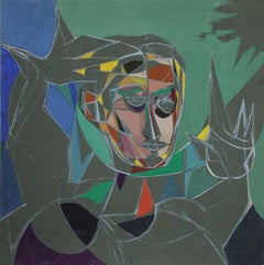 Figura con las manos levantadas, pintura cubista al óleo sobre tabla de John F. Leonard
