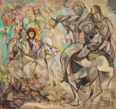 Figure a cavallo, dipinto cubista olio su tavola di John F. Johns