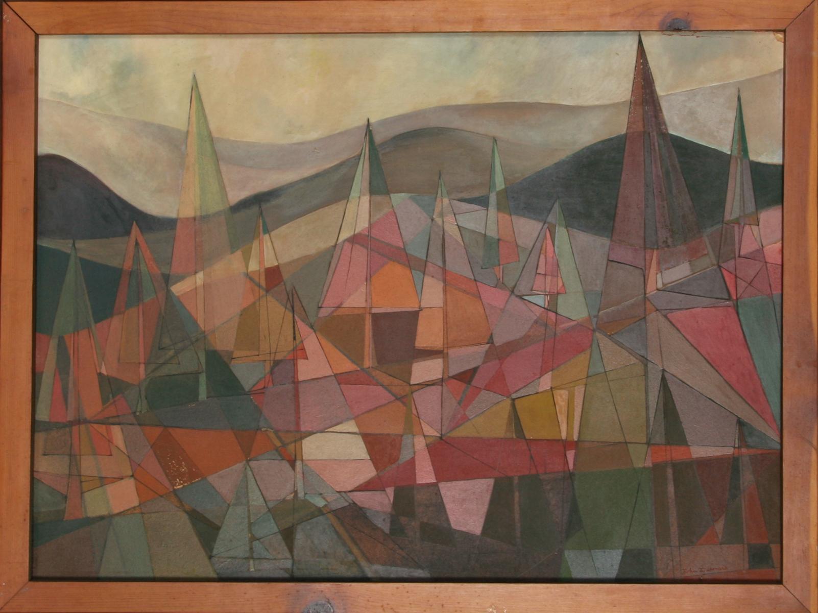 Figurative Painting di John F. Leonard - Paesaggio forestale, dipinto astratto a olio su tavola di John F. Johns
