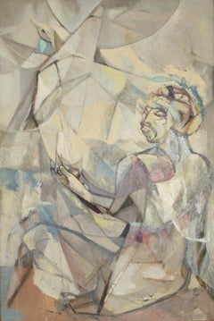 Man with Bird, Cubist Oil on Board by John F. Leonard