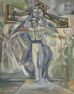 Vintage Matador and Bull, Cubist Oil on Board Painting by John F. Leonard