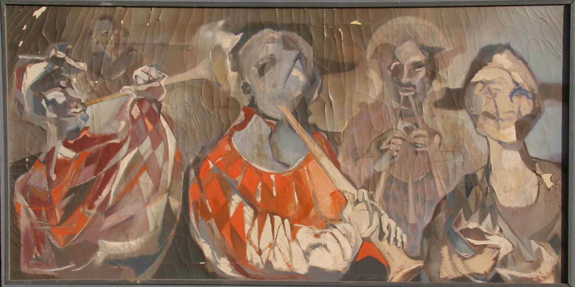 Musicisti, dipinto astratto olio su tavola dell'artista americano John F. Johns