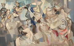 Nativity Scene, Cubist Oil on Board Painting by John F. Leonard