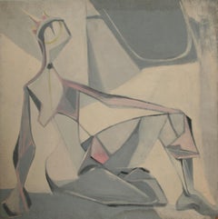 Nude with Crown, Signed Abstract Oil on Board Painting by John F. Leonard