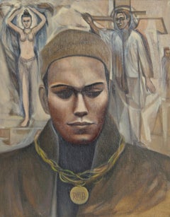 Portrait moderne, peinture à l'huile sur panneau de l'artiste américain John F. Leonard