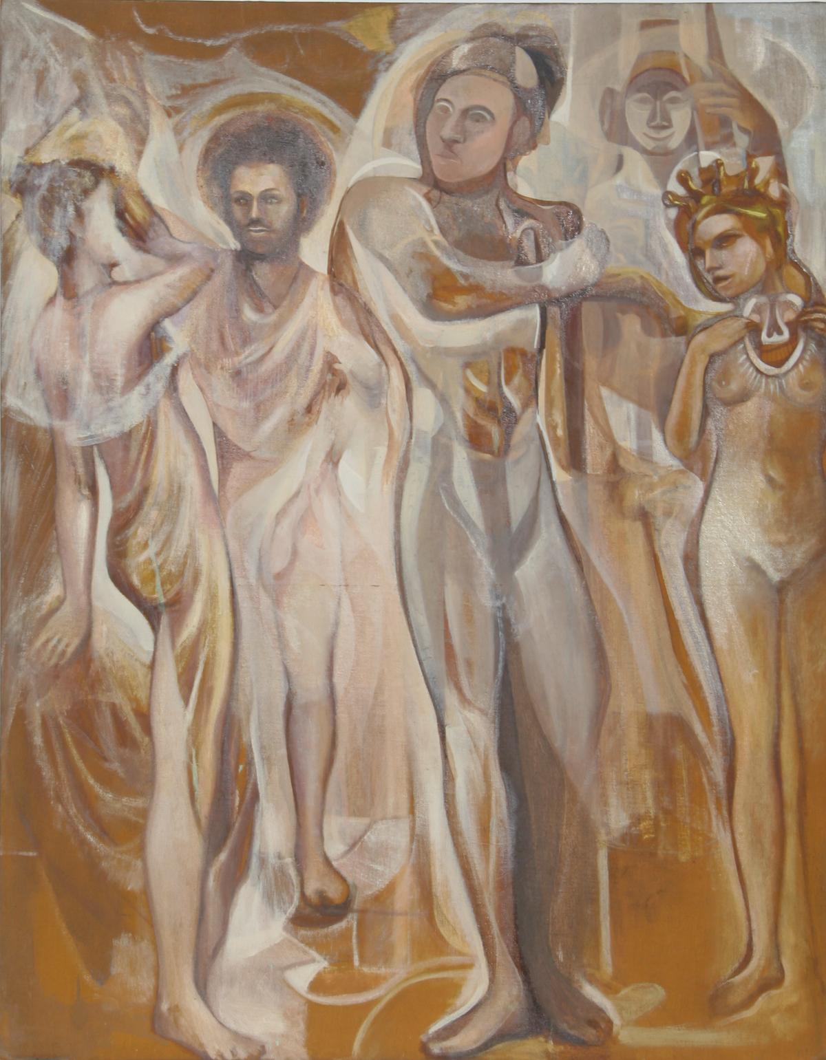 Figurative Painting di John F. Leonard - Figure regali, dipinto moderno a olio su tavola di John F. Johns
