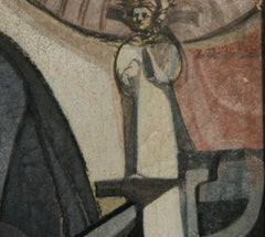 Escena interior religiosa, pintura al óleo sobre tabla firmada por John F. Leonard
