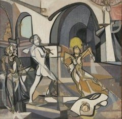 Religious Interior Scene, Signed Oil on Board Painting by John F. Leonard
