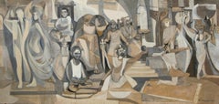 Religious Scene with Sword, Cubist Oil on Board Painting by John F. Leonard