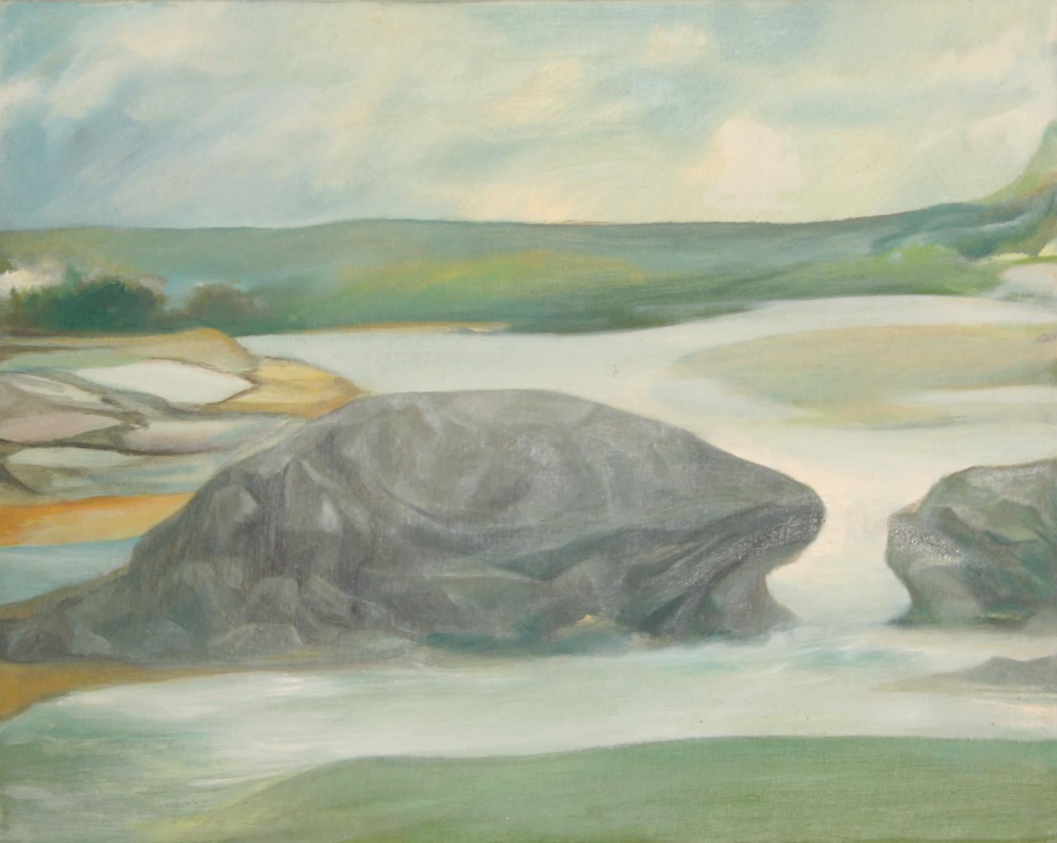Landscape Painting di John F. Leonard - Paesaggio marino roccioso, dipinto a olio su tavola dell'artista americano John F. Johns
