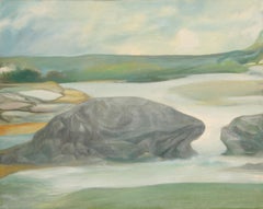 Paisaje marino rocoso, pintura al óleo sobre tabla del artista estadounidense John F. Leonard