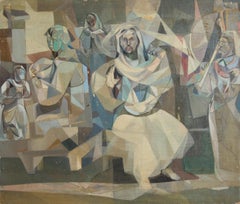 Vintage Seated Figure in Cloak, Cubist Oil on Board by John F. Leonard