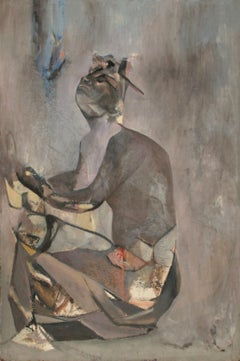 Femme assise, huile sur panneau abstraite de John F. Leonard