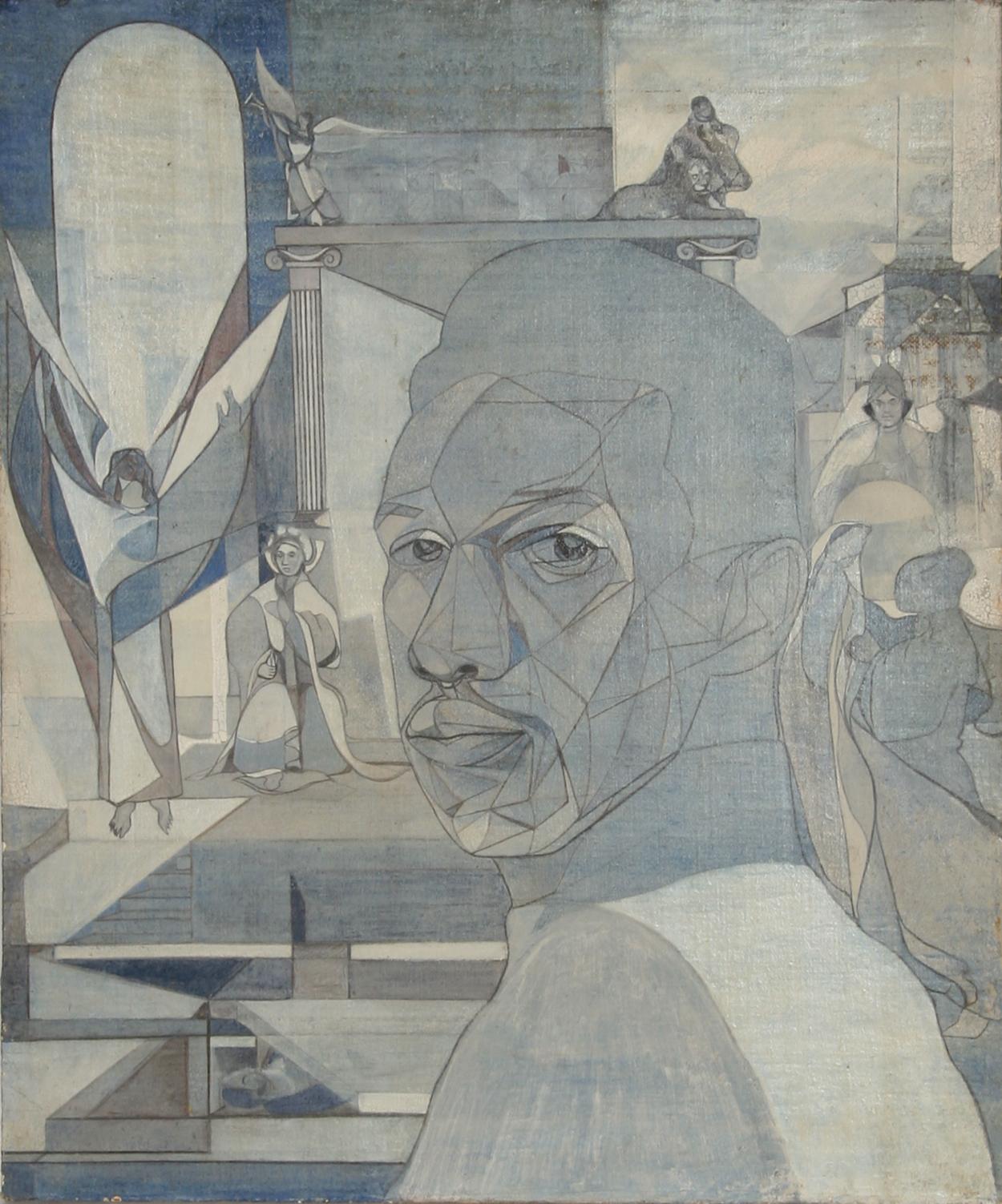 Self-Portrait mit Engel (2) von John F. Leonard, Amerikaner (1921-1987)
Datum: ca. 1970
Öl auf Karton
Größe: 22 Zoll x 18 Zoll (55,88 cm x 45,72 cm)