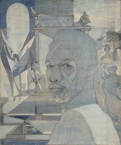 Self-Portrait with Angel, Modern Oil on Board Painting by John F. Leonard