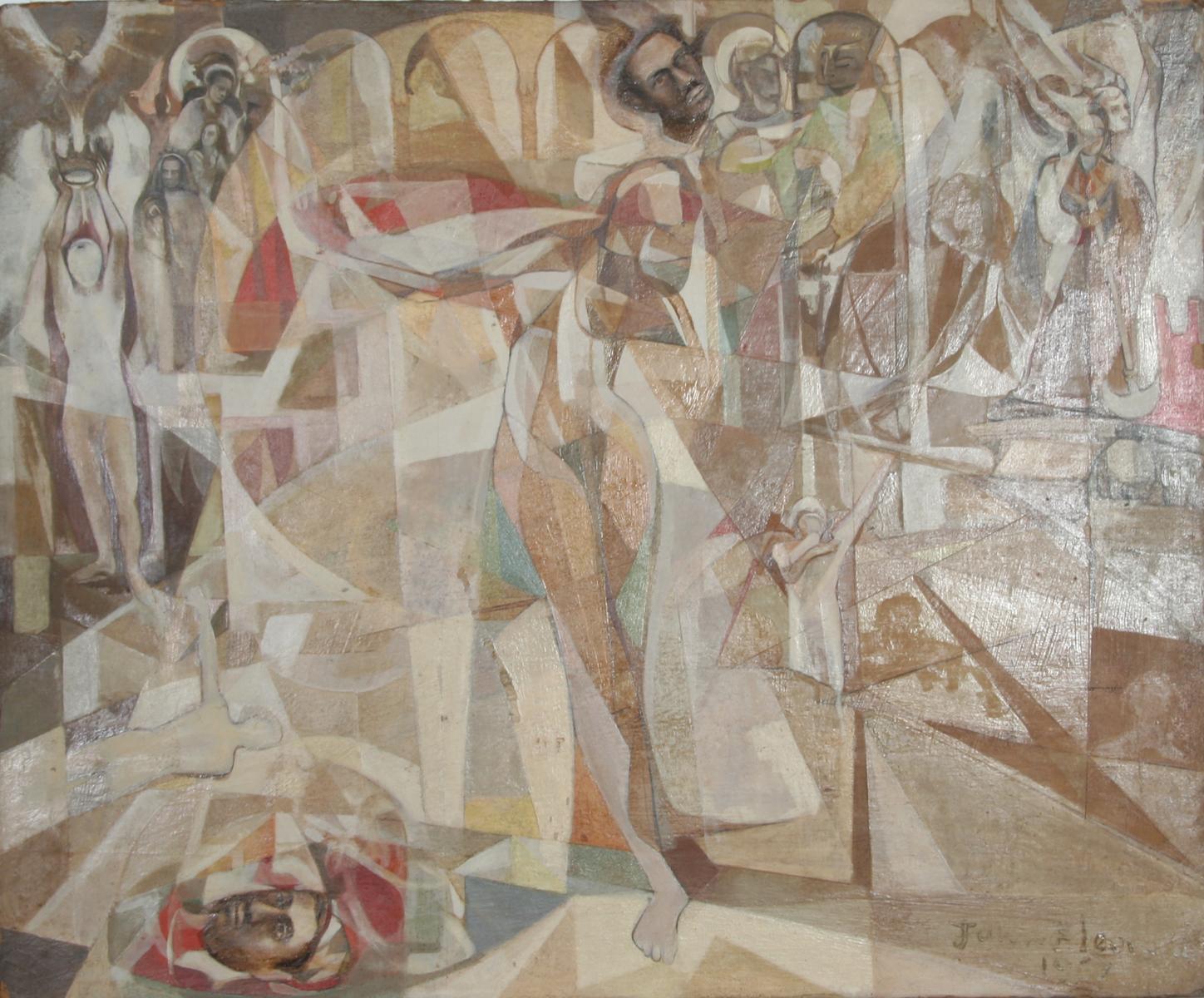 Standing Nude with Sun, Signed Cubist Oil on Board Painting by John F. Leonard