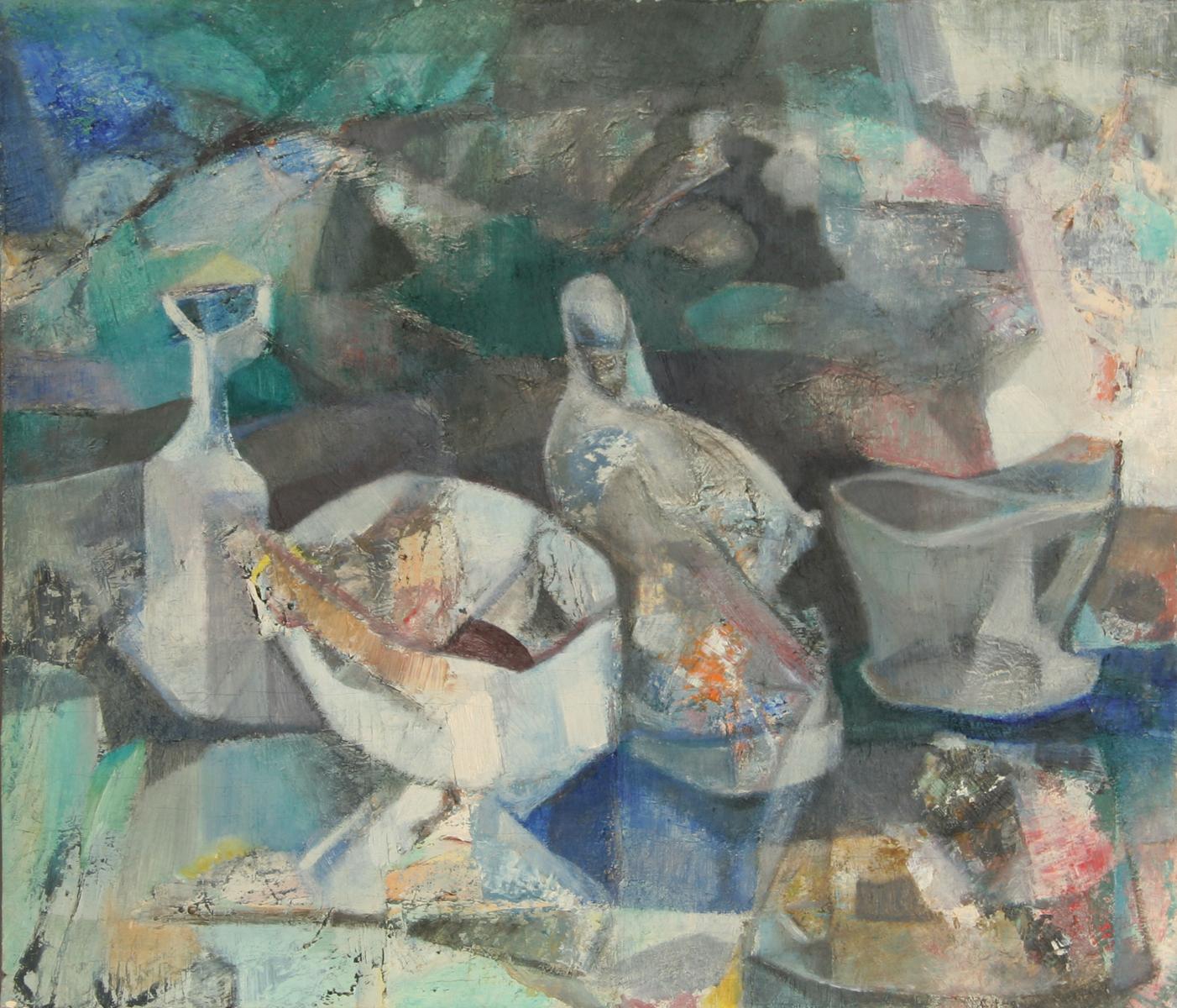 Nature morte, peinture abstraite à l'huile sur carton de John F. Leonard